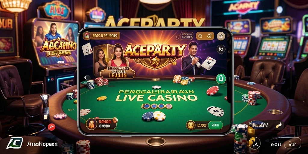 Screenshot ACEPARTY menampilkan dealer langsung dan suasana permainan kasino.