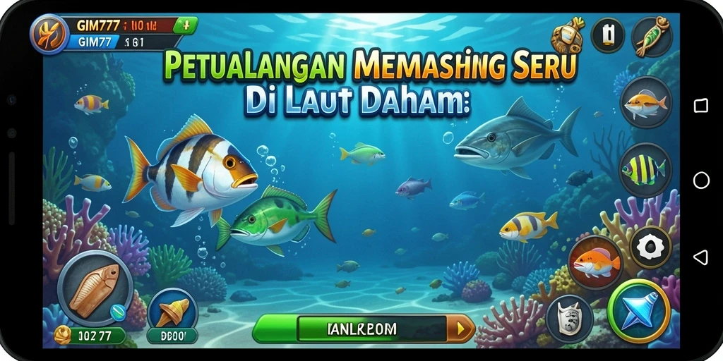 Tampilan gameplay GIM777 menampilkan keseruan memancing di laut yang dalam.