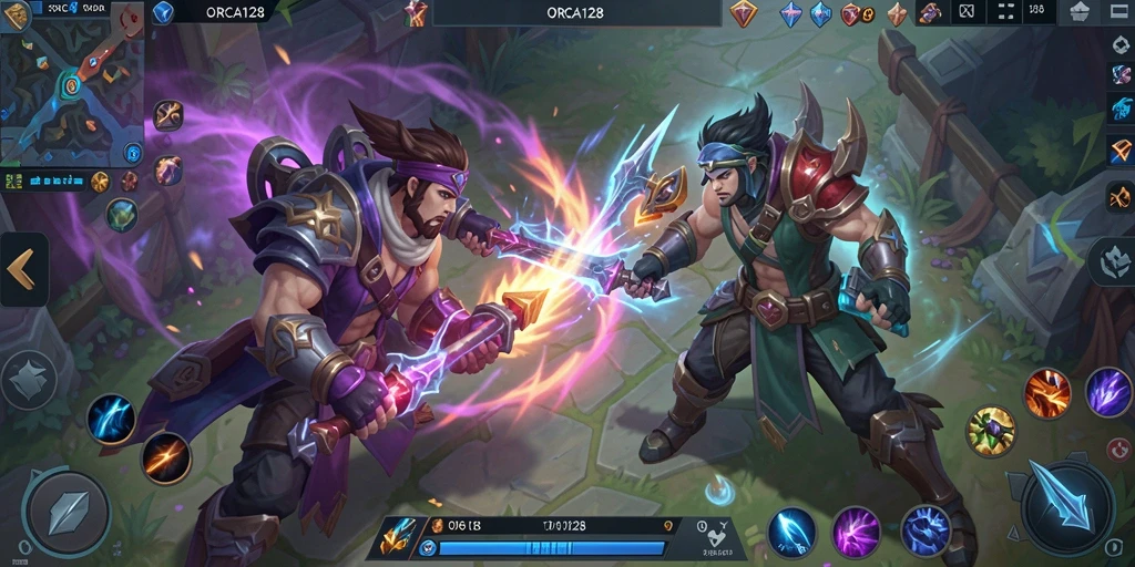 Screenshot gameplay ORCA128 menampilkan aksi pertarungan yang seru di arena MOBA.