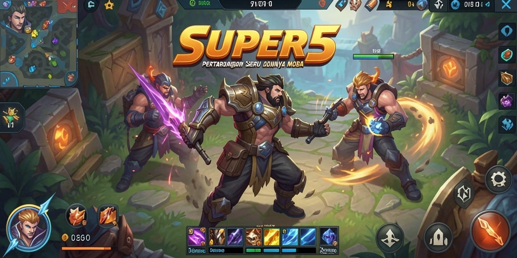 Tampilan gameplay MOBA yang mendebarkan dan strategis di SUPER5.